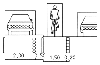 Grafik: Verkehrsraum Radfahrer und Auto bei Mehrzweckstreifen auf Straßen mit Parkhäfen. 