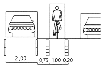 Grafik: Verkehrsraum Radfahrer und Auto bei Mehrzweckstreifen auf gepflasterten Straßen. 