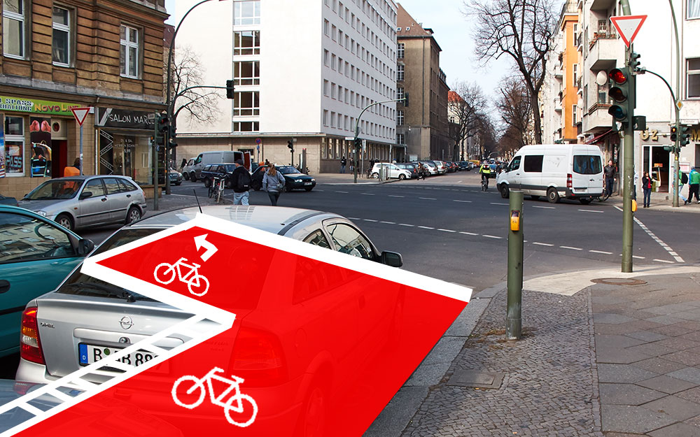 Fotomontage: Donaustraße Ecke Erkstraße aufgeweitetem Fahrradaufstellstreifen.