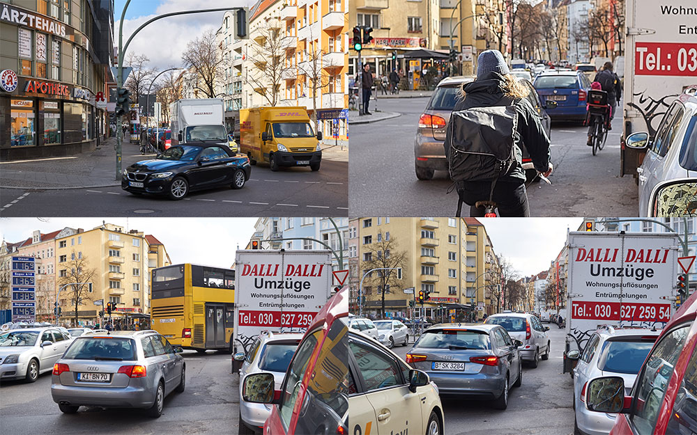 4 Fotos: Verkehrsaufkommen an der Kreuzung Reuterstraße/Karl-Marx-Straße.