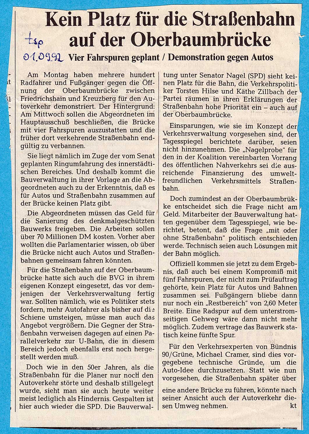 Scan des Tagesspiegelkommentars vom 01.09.1992 zur Straßenbahn über die Oberbaumbrücke.