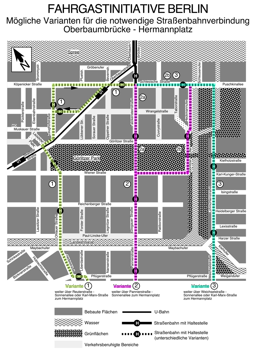 Grafik: Karte von Kreuzberg 36 mit eingezeichneten Linienvarianten.