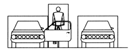 Grafik: Geöffnete Autotür versperrt den Verkehrsraum des zu dicht an den Autos entlangfahrenden Radfahrers vollständig. 