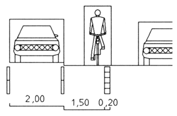 Grafik: Verkehrsraum Radfahrer und Auto bei Mehrzweckstreifen - Bei beengten Verhältnissen. 