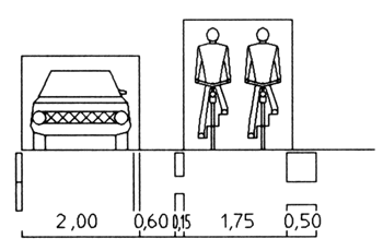 Grafik: Verkehrsraum Radfahrer und Auto bei Radfahrstreifen - Zweispuriger Radfahrstreifen. 