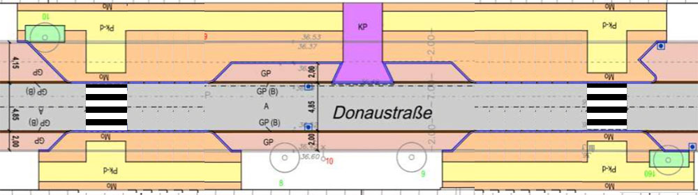 Vorschlag ohne Verschwenkung in Originalplan eingezeichnet.