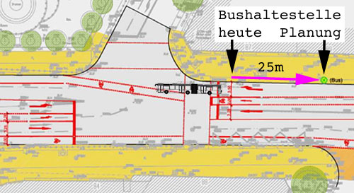 Skizze: Lage der Haltestelle in der Karl-Marx-Str. vor und nach dem Umbau.