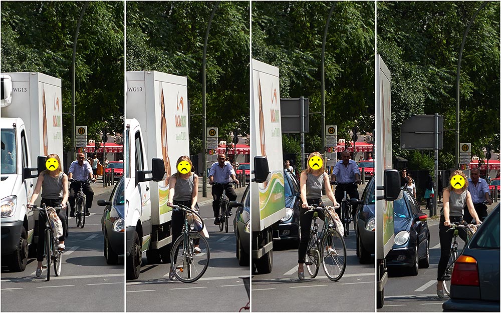 Fotomontage: Selber Blick wie vor, wobei in 4 Bildern zu sehen ist, wie die Radfahrerin dem dicht vorbei fahrenden Lkw versucht auszuweichen.