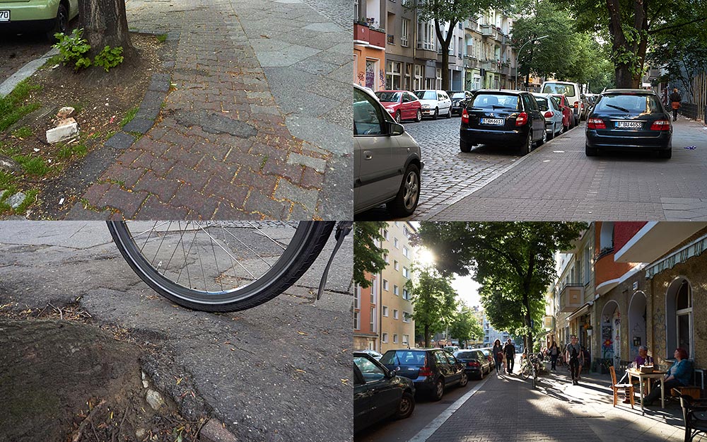 4 Fotos des Radweges Weserstr.: aufgewölbtes Pflaster, Falschparker und Fußgänger.