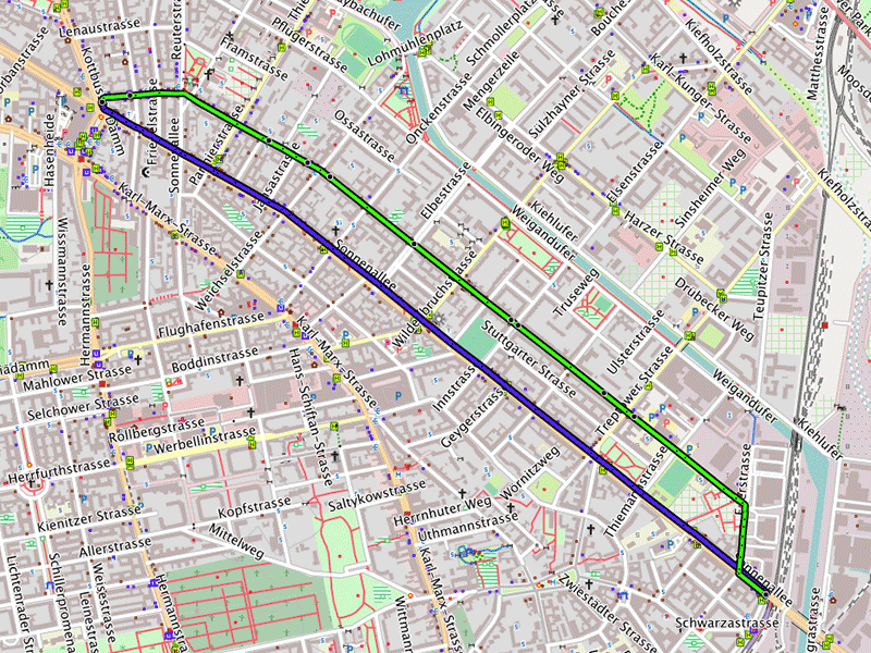 Kartenausschnitt mit eingezeichnetem Verlauf der Sonnenallee und der Weserstraße.