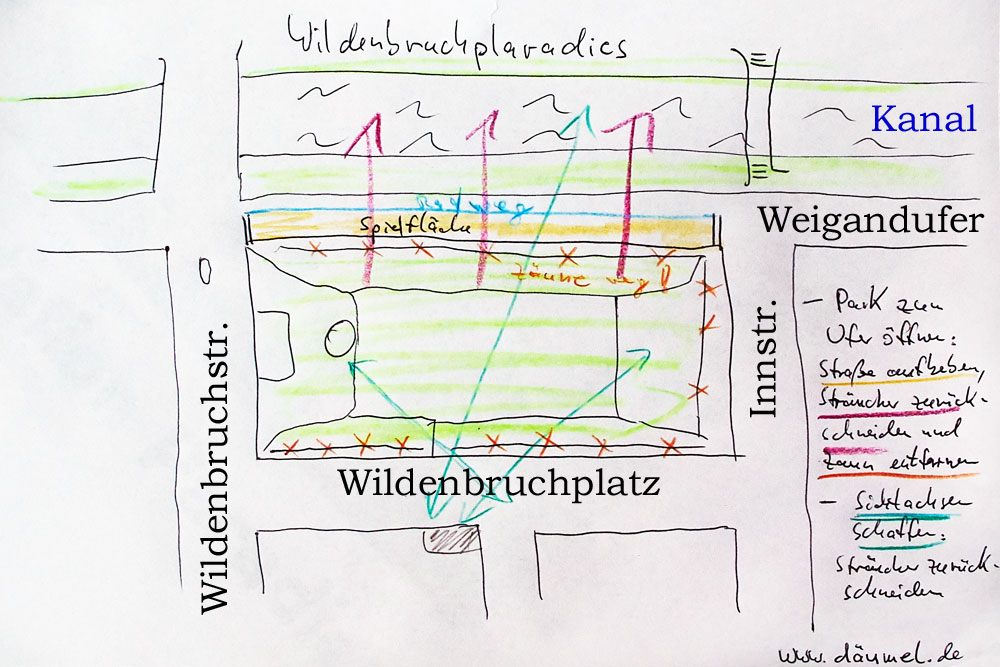 Skizze vom Wildenbruchplatz mit den vorgeschlagenen Verbesserungen.