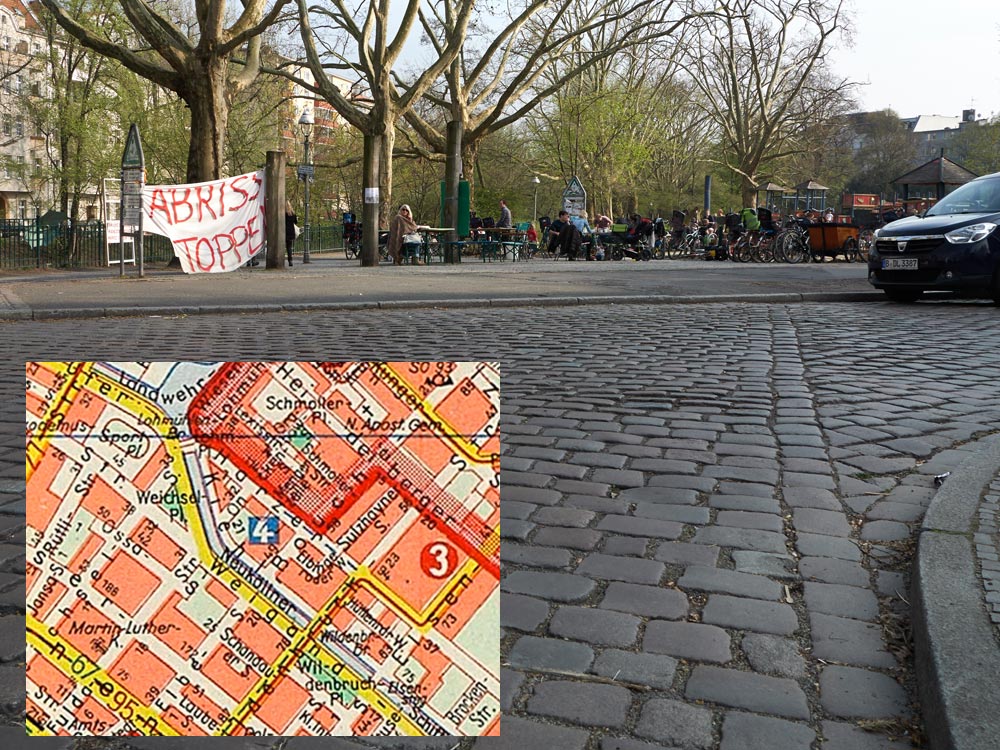 Fotomontage: Ende des Maybachufers am Weichselplatz mit Stadtplanausschnitt.